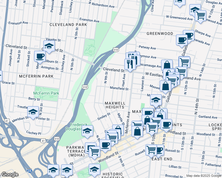 map of restaurants, bars, coffee shops, grocery stores, and more near 707 Myrtle Street in Nashville