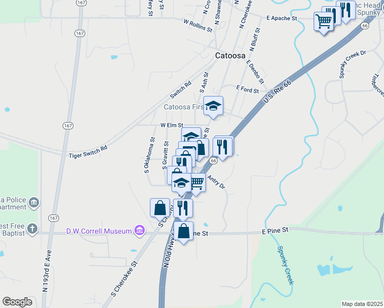 map of restaurants, bars, coffee shops, grocery stores, and more near 2000 South Cherokee Street in Catoosa