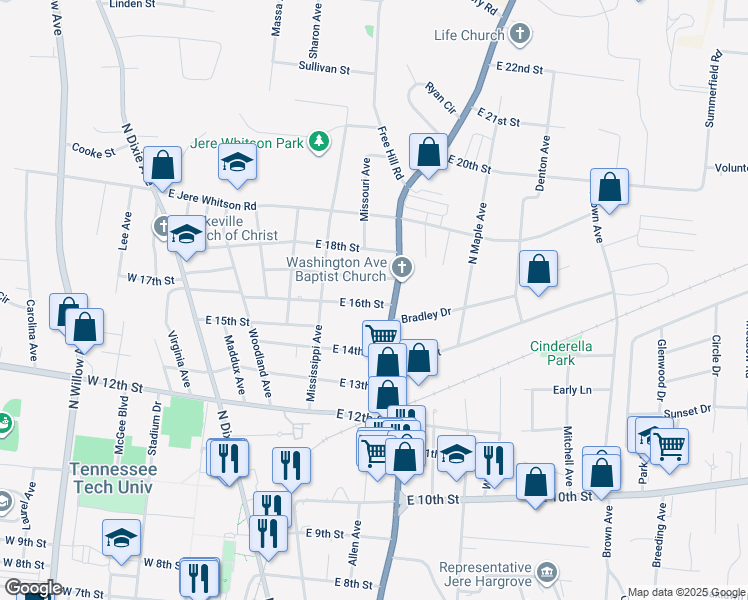 map of restaurants, bars, coffee shops, grocery stores, and more near 370 East 16th Street in Cookeville