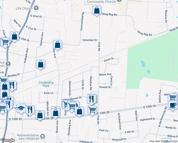 map of restaurants, bars, coffee shops, grocery stores, and more near 1394 Park Drive in Cookeville
