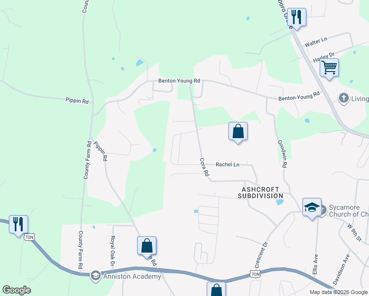 map of restaurants, bars, coffee shops, grocery stores, and more near 500 Cora Road in Cookeville