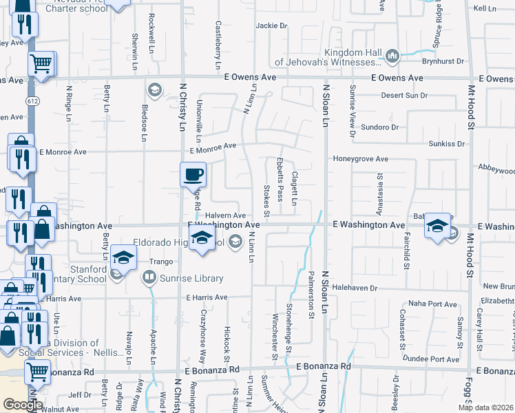 map of restaurants, bars, coffee shops, grocery stores, and more near 1264 North Linn Lane in Las Vegas