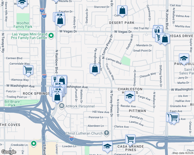 map of restaurants, bars, coffee shops, grocery stores, and more near 6512 Rain Forest Drive in Las Vegas