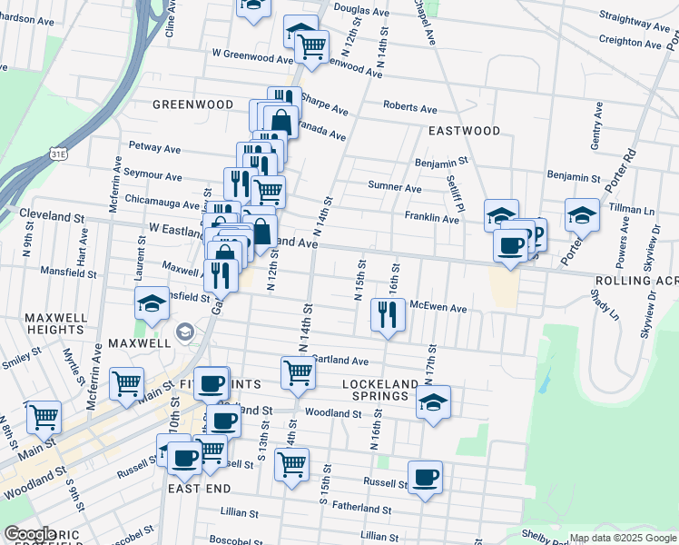map of restaurants, bars, coffee shops, grocery stores, and more near 1410 Eastland Avenue in Nashville