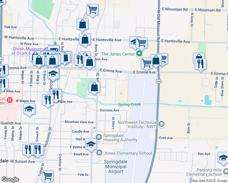 map of restaurants, bars, coffee shops, grocery stores, and more near 314 Strawberry Meadows Place in Springdale