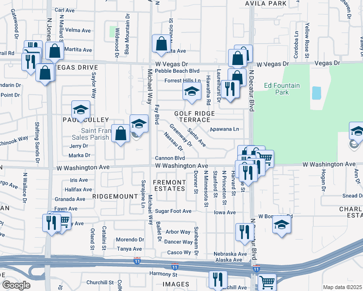 map of restaurants, bars, coffee shops, grocery stores, and more near 1020 Nassau Drive in Las Vegas
