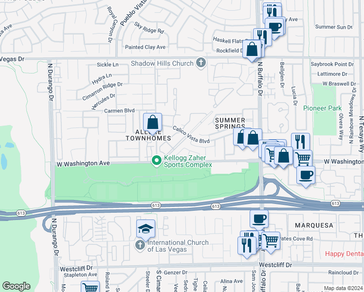 map of restaurants, bars, coffee shops, grocery stores, and more near 933 Rockview Drive in Las Vegas