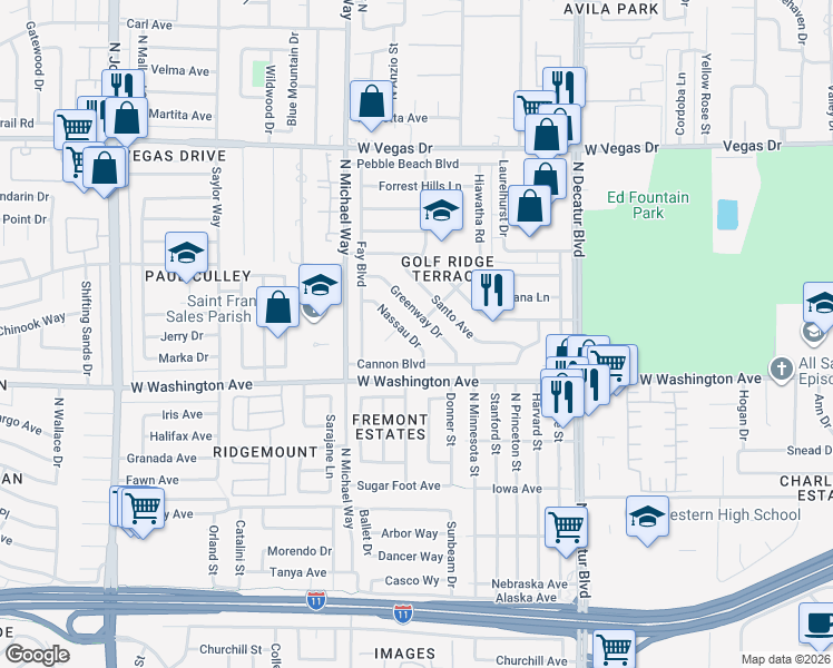 map of restaurants, bars, coffee shops, grocery stores, and more near 1020 Nassau Drive in Las Vegas
