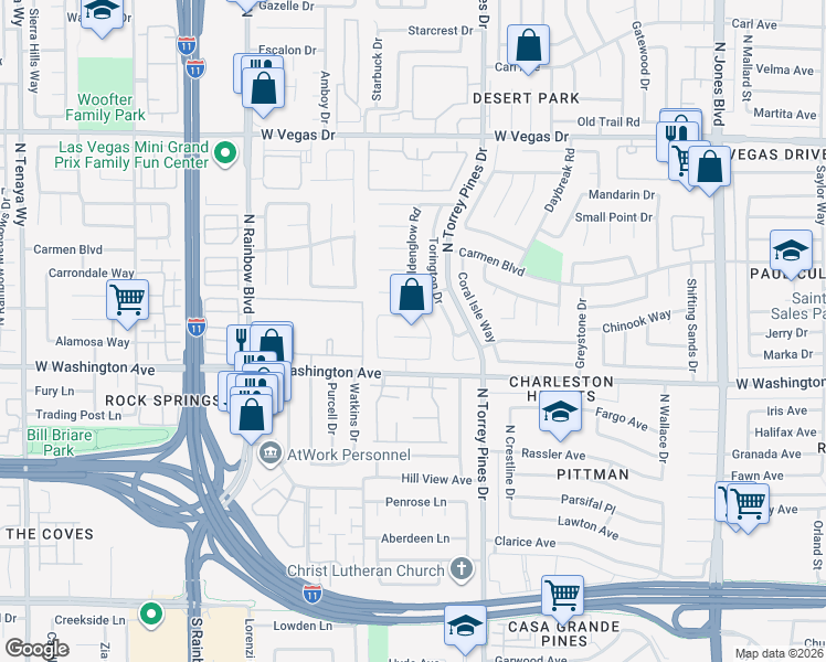 map of restaurants, bars, coffee shops, grocery stores, and more near 6512 Rain Forest Drive in Las Vegas