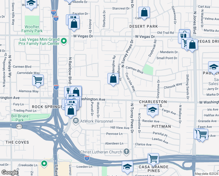 map of restaurants, bars, coffee shops, grocery stores, and more near 6512 Rain Forest Drive in Las Vegas