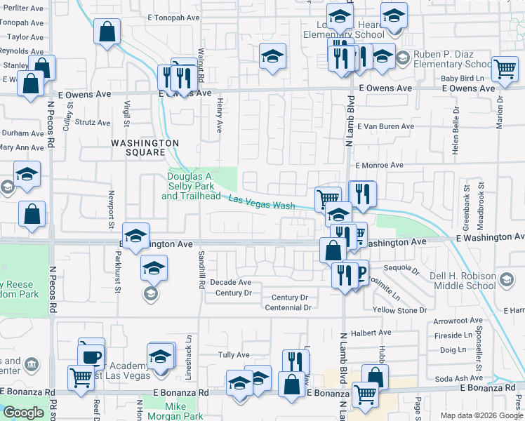 map of restaurants, bars, coffee shops, grocery stores, and more near 4156 Abrams Avenue in Las Vegas