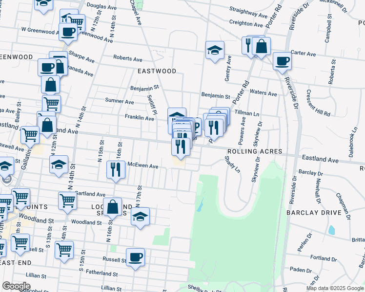 map of restaurants, bars, coffee shops, grocery stores, and more near 1898 Eastland Avenue in Nashville