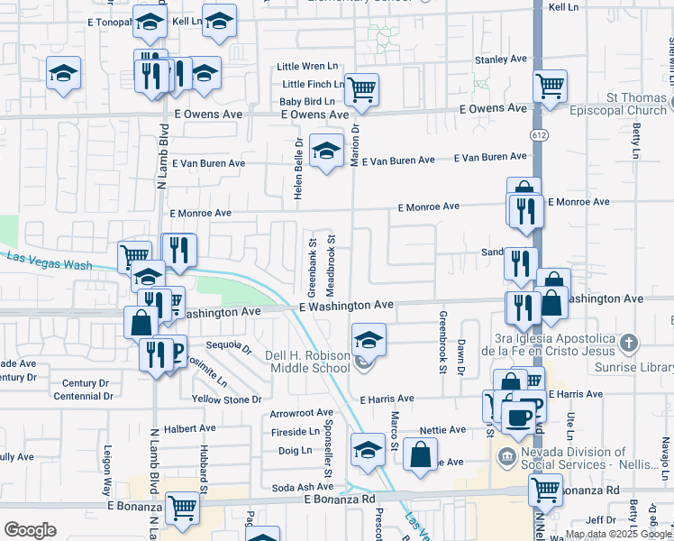 map of restaurants, bars, coffee shops, grocery stores, and more near 1009 Meadbrook Street in Las Vegas