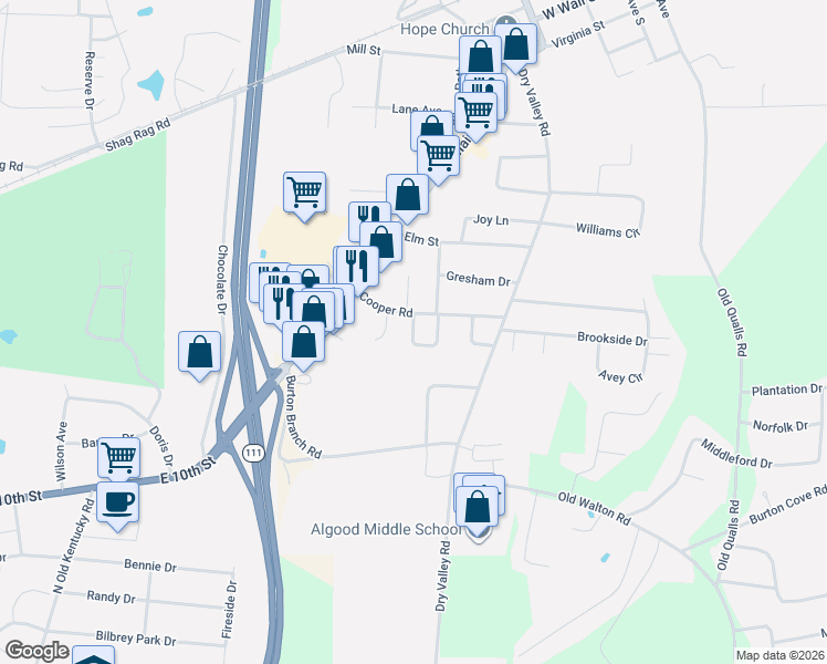 map of restaurants, bars, coffee shops, grocery stores, and more near 679 Cooper Square in Cookeville