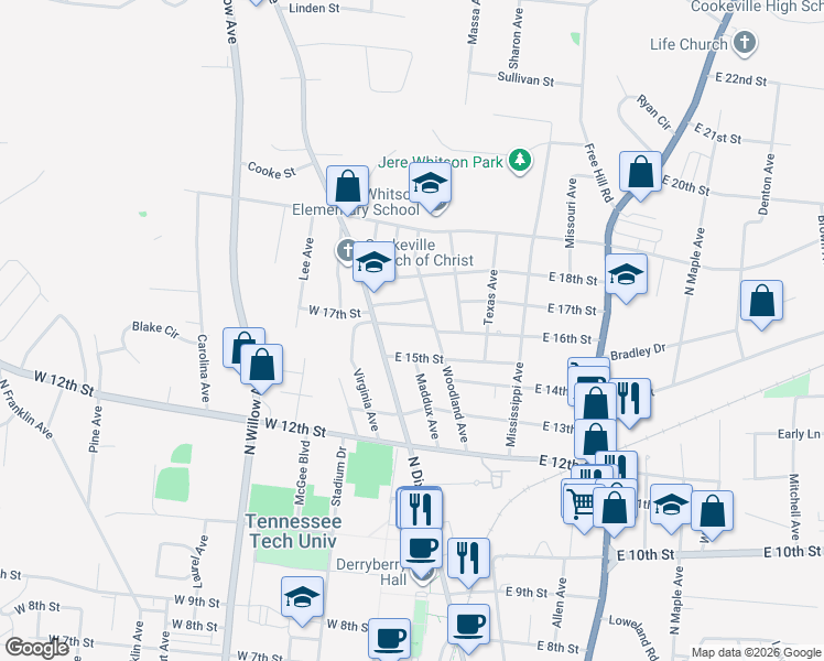 map of restaurants, bars, coffee shops, grocery stores, and more near 129 East 16th Street in Cookeville