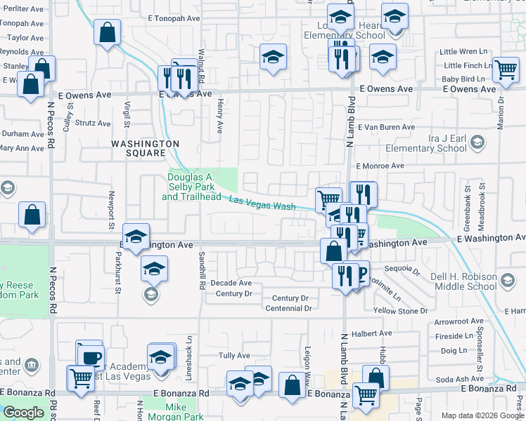 map of restaurants, bars, coffee shops, grocery stores, and more near 4132 Abrams Avenue in Las Vegas