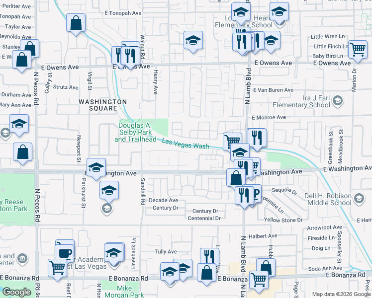 map of restaurants, bars, coffee shops, grocery stores, and more near 4132 Abrams Avenue in Las Vegas