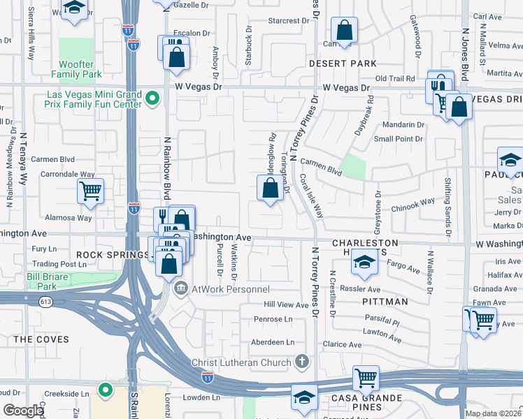 map of restaurants, bars, coffee shops, grocery stores, and more near 6512 Rain Forest Drive in Las Vegas