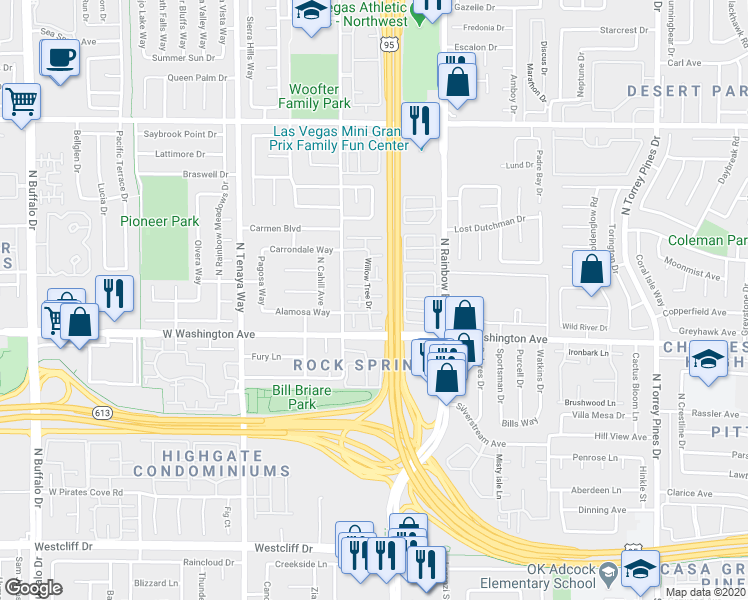 map of restaurants, bars, coffee shops, grocery stores, and more near 1005 Willow Tree Drive in Las Vegas