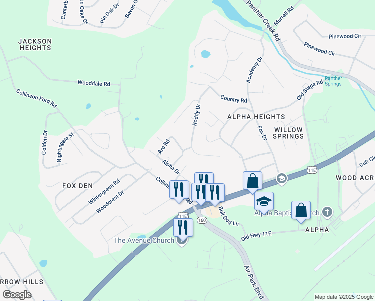 map of restaurants, bars, coffee shops, grocery stores, and more near 675 Roddy Drive in Morristown
