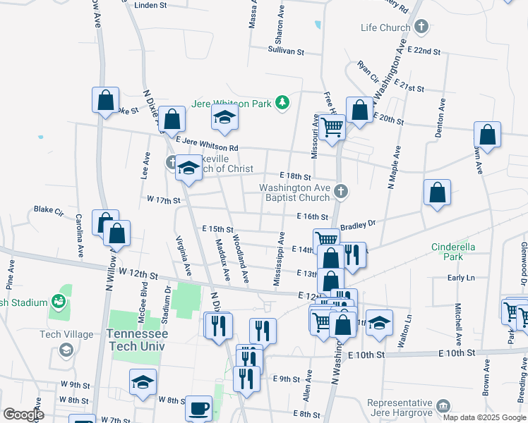 map of restaurants, bars, coffee shops, grocery stores, and more near 1618 Texas Avenue in Cookeville