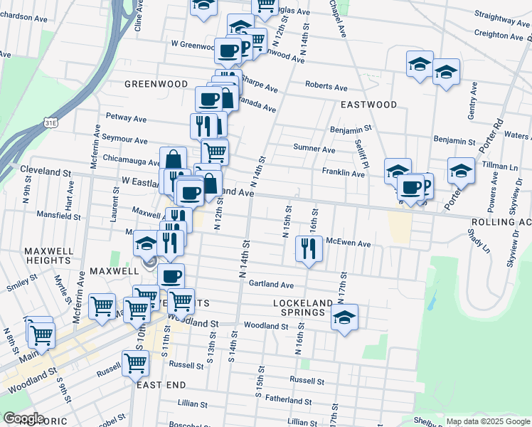 map of restaurants, bars, coffee shops, grocery stores, and more near 1410 Eastland Avenue in Nashville