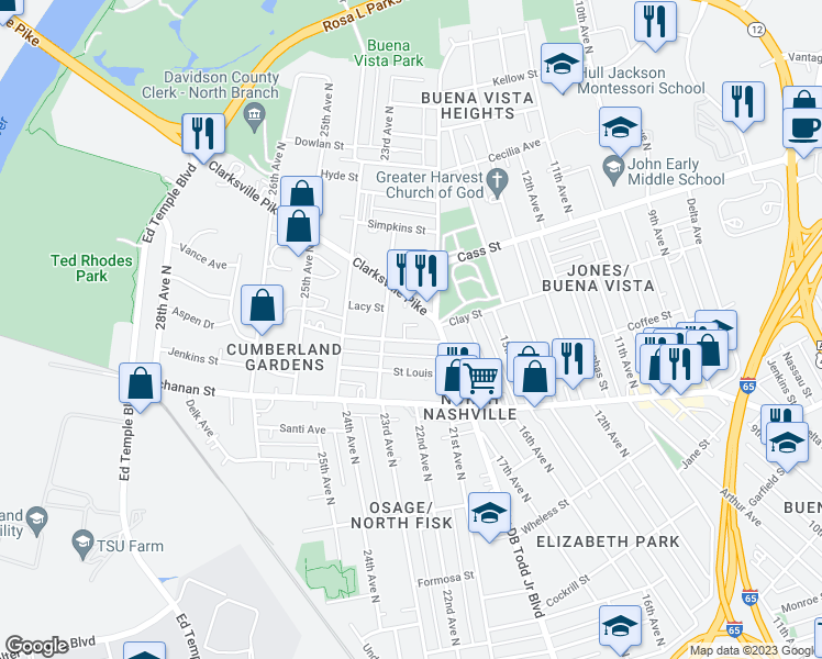 map of restaurants, bars, coffee shops, grocery stores, and more near 2010 23rd Avenue North in Nashville