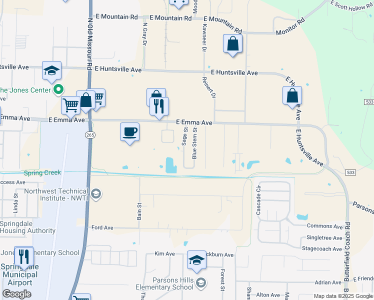 map of restaurants, bars, coffee shops, grocery stores, and more near 224 Sage Street in Springdale