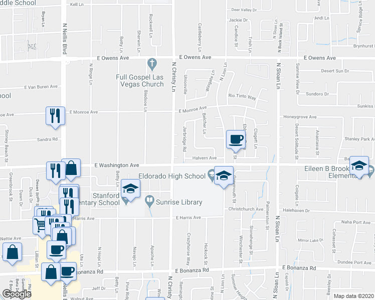 map of restaurants, bars, coffee shops, grocery stores, and more near 1250 Jarbridge Road in Las Vegas
