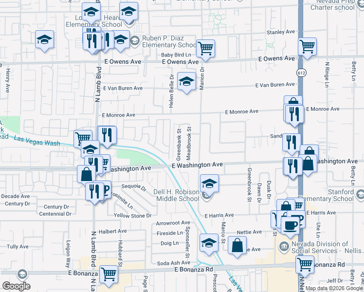 map of restaurants, bars, coffee shops, grocery stores, and more near 1009 Greenbank Street in Las Vegas