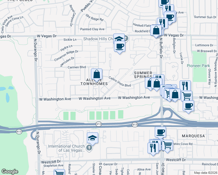 map of restaurants, bars, coffee shops, grocery stores, and more near 921 Sulphur Springs Lane in Las Vegas