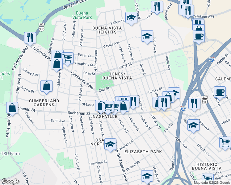 map of restaurants, bars, coffee shops, grocery stores, and more near 1407 Clay Street in Nashville