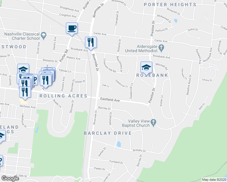 map of restaurants, bars, coffee shops, grocery stores, and more near 2334 Oak Court in Nashville