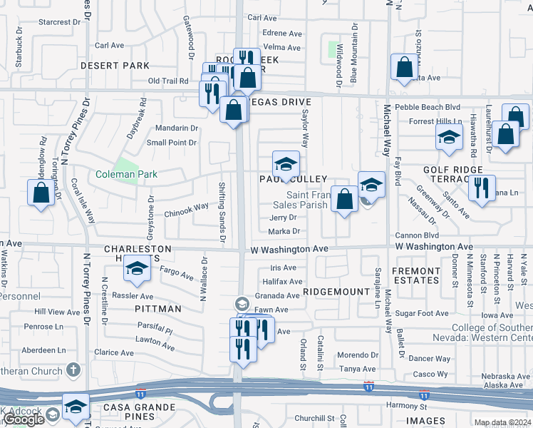 map of restaurants, bars, coffee shops, grocery stores, and more near 5920 Jerry Drive in Las Vegas