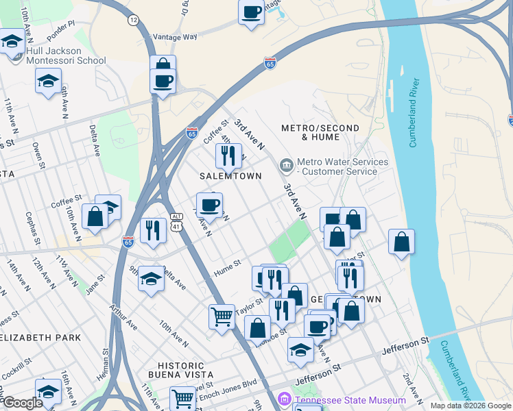 map of restaurants, bars, coffee shops, grocery stores, and more near 1703 4th Avenue North in Nashville