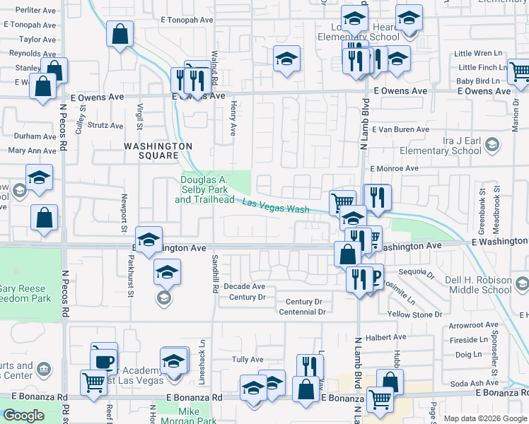 map of restaurants, bars, coffee shops, grocery stores, and more near 4132 Abrams Avenue in Las Vegas