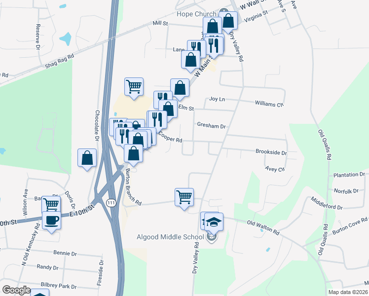 map of restaurants, bars, coffee shops, grocery stores, and more near 679 Cooper Square in Cookeville