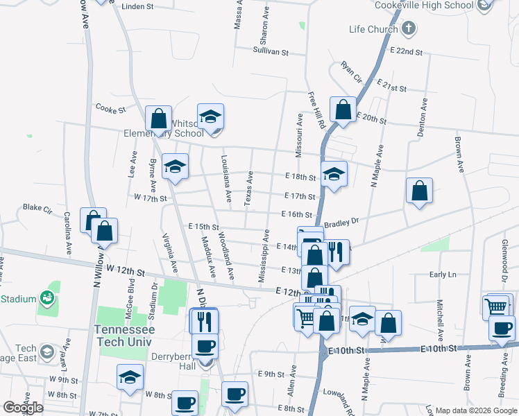 map of restaurants, bars, coffee shops, grocery stores, and more near 1618 Texas Avenue in Cookeville