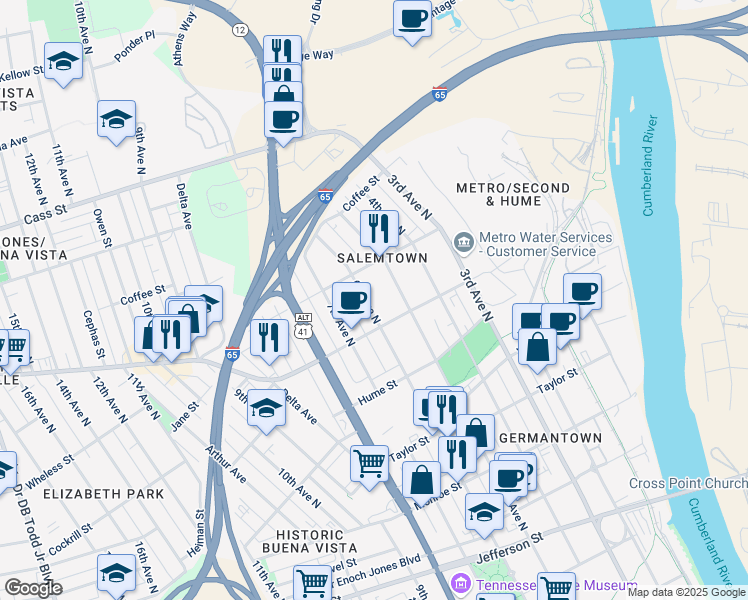 map of restaurants, bars, coffee shops, grocery stores, and more near 1726 6th Avenue North in Nashville