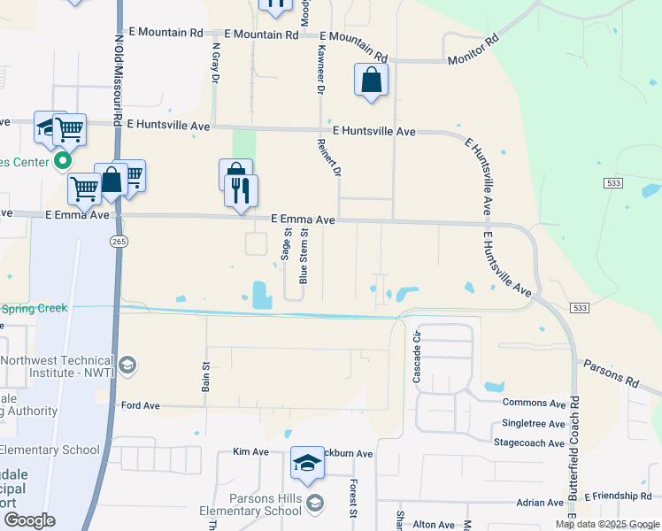 map of restaurants, bars, coffee shops, grocery stores, and more near 249 Erin Place in Springdale