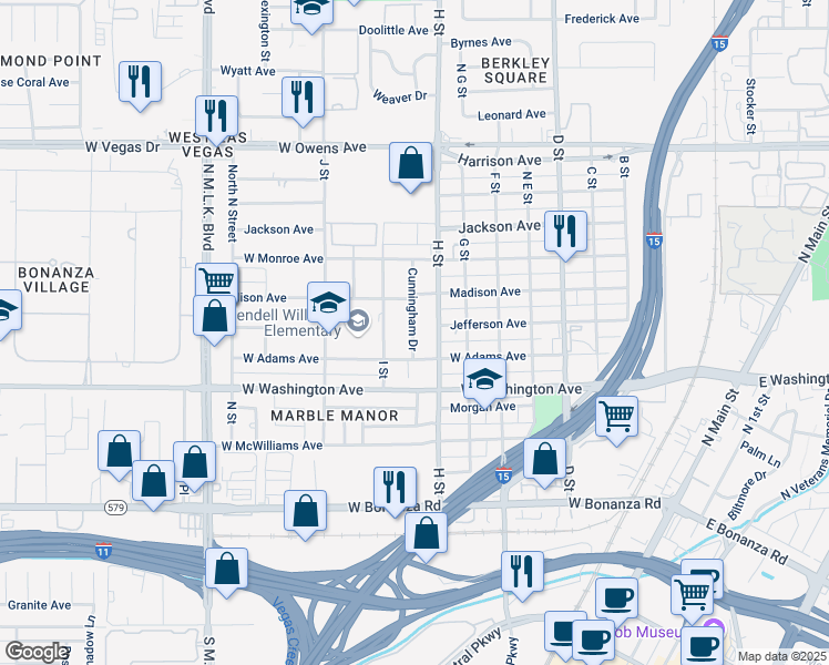 map of restaurants, bars, coffee shops, grocery stores, and more near 1102 I Street in Las Vegas