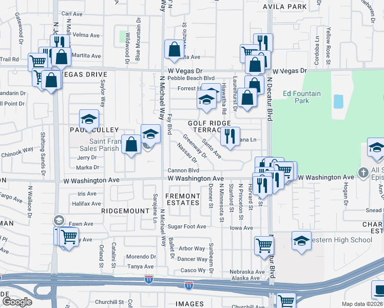 map of restaurants, bars, coffee shops, grocery stores, and more near 1100 Greenway Drive in Las Vegas
