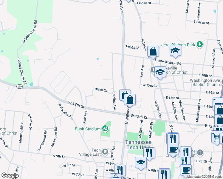 map of restaurants, bars, coffee shops, grocery stores, and more near 408 Peck Drive in Cookeville