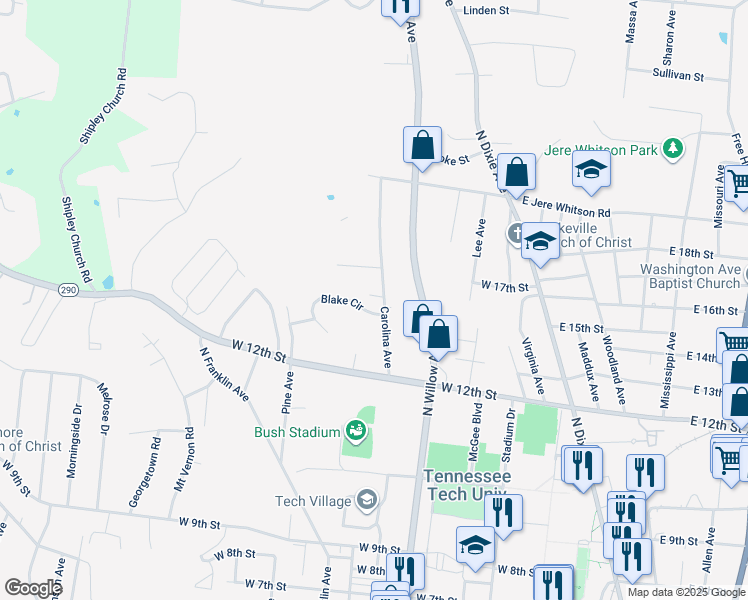 map of restaurants, bars, coffee shops, grocery stores, and more near 408 Peck Drive in Cookeville