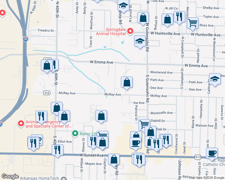 map of restaurants, bars, coffee shops, grocery stores, and more near 302 Angela Street in Springdale