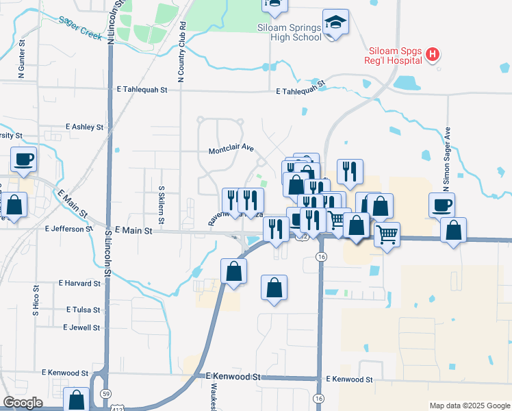 map of restaurants, bars, coffee shops, grocery stores, and more near 219 Plaza Ct in Siloam Springs