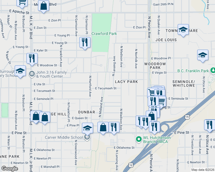 map of restaurants, bars, coffee shops, grocery stores, and more near 1916 North Kenosha Avenue in Tulsa