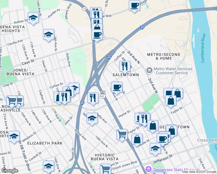 map of restaurants, bars, coffee shops, grocery stores, and more near 1725C 7th Avenue North in Nashville