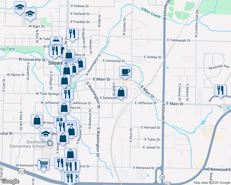 map of restaurants, bars, coffee shops, grocery stores, and more near 407 South Britt Street in Siloam Springs
