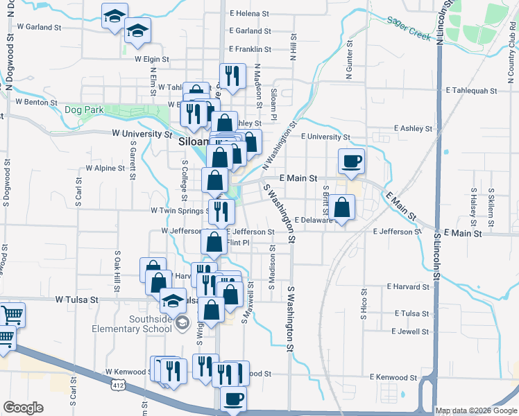 map of restaurants, bars, coffee shops, grocery stores, and more near 324 East Twin Springs Street in Siloam Springs